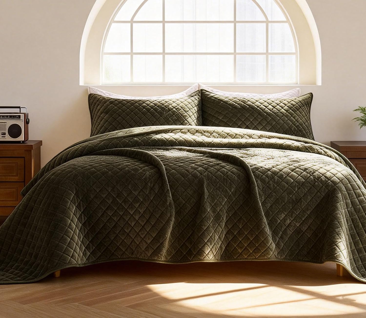 3-Piece Velvet Quilt Set King Size 98"x106" Comforter Quilted Bedspread Soft Bed Blanket Luxury Bedding with 2 Pillow Shams 20''x36'' for All-Season,Beige