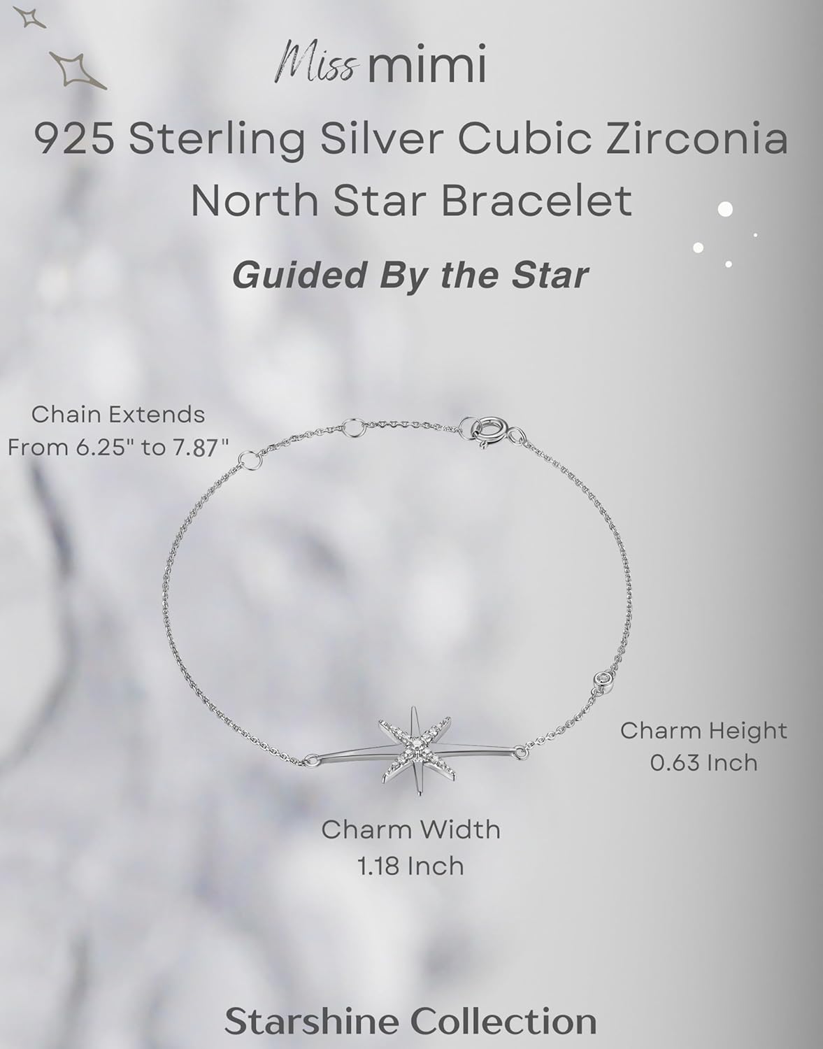 MISS MIMI North Star Bracelet for Women, Compass Bracelet with Cubic Zirconia, 925 Sterling Silver Rhodium Plated, Adjustable Dainty Layering Chain Minimalist Jewelry