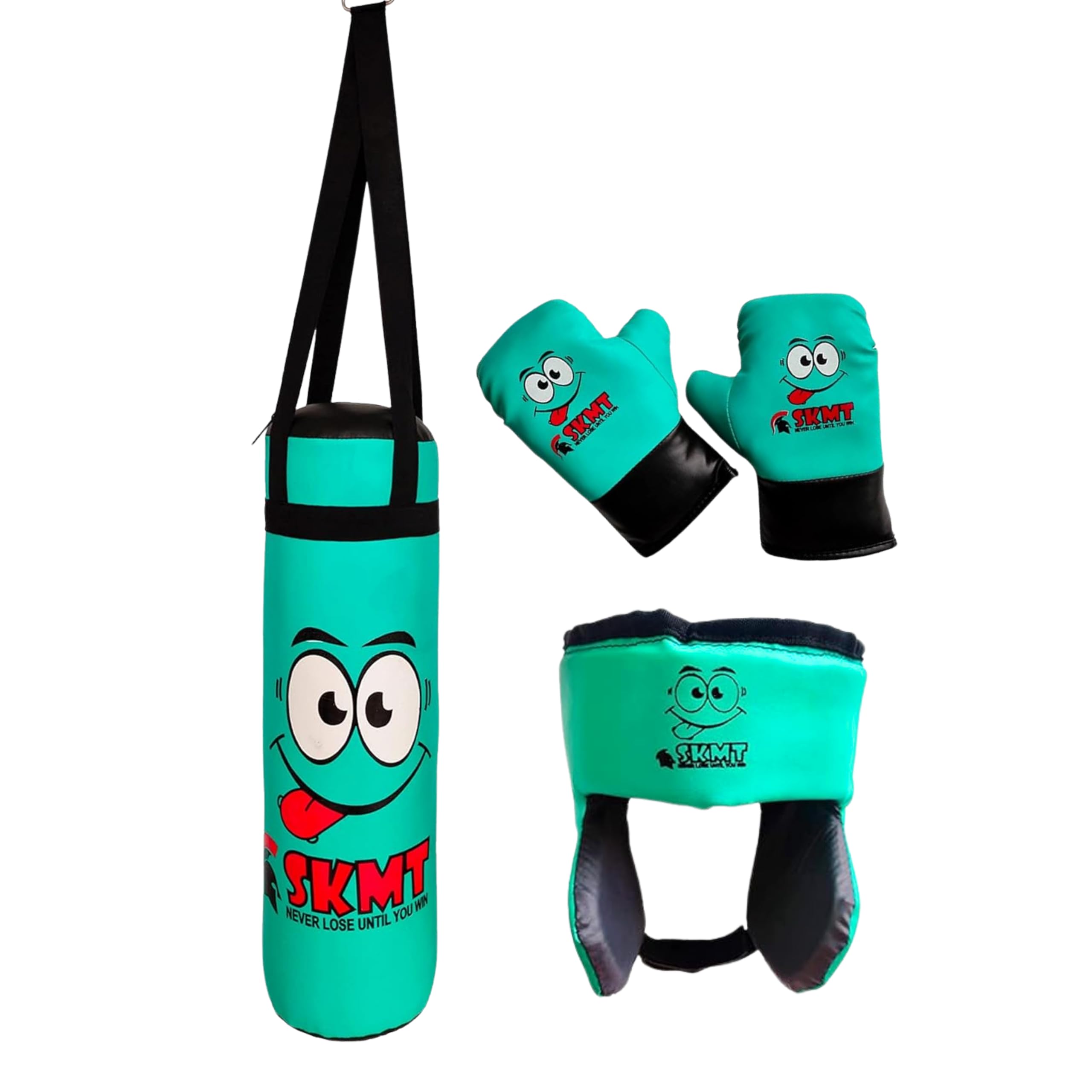 SKMT NEVER LOSE UNTIL YOU WIN Kids Boxing Kit with Filled Punching Bag, Gloves and Headgear, Age Group 2-7 Years & 7-13 Years (C Green, Age Group 2-8 Years)