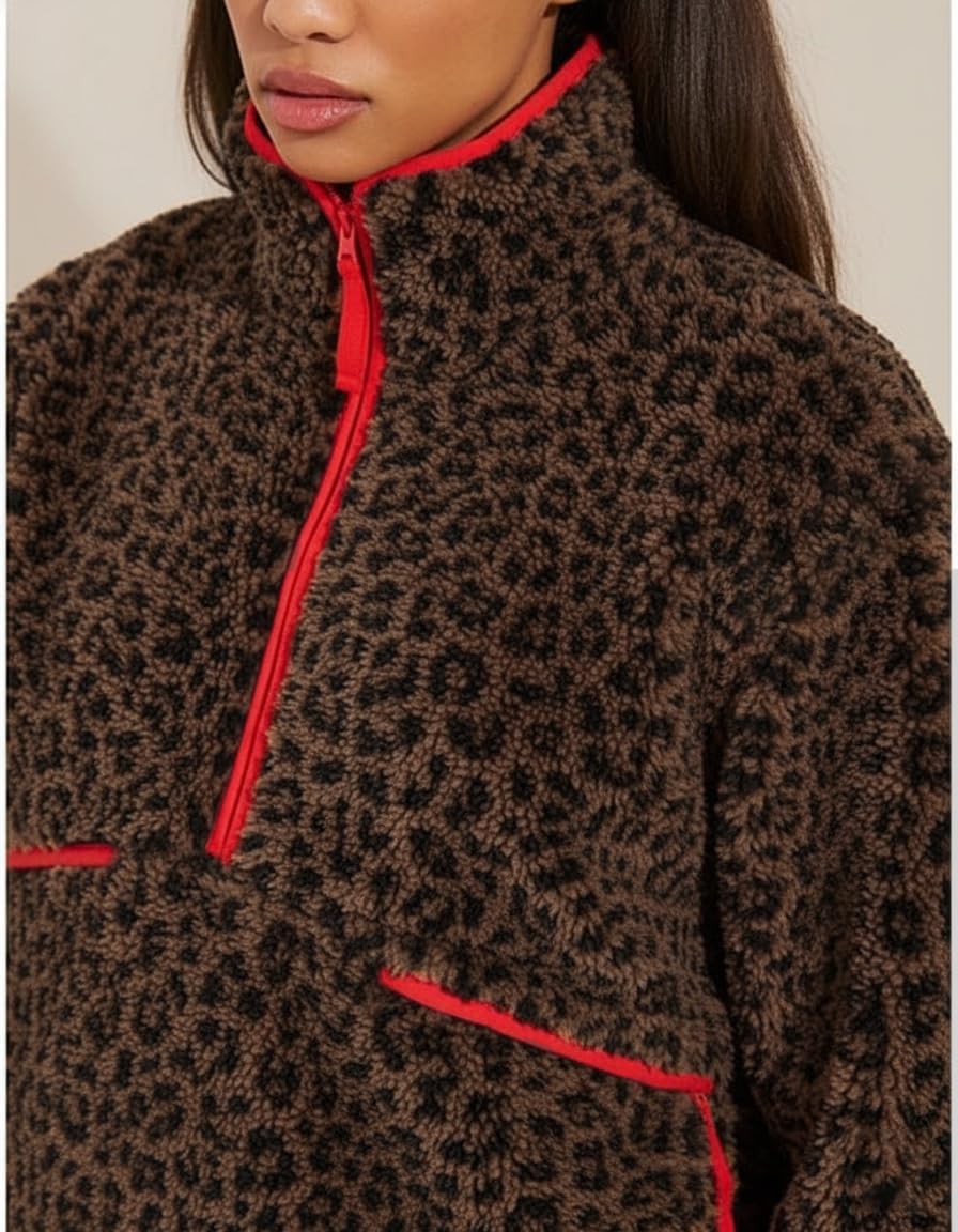 Women's Oversized Leopard Print Sherpa Jacket Half-Zip Plush Fleece Pullover Outerwear with Pockets