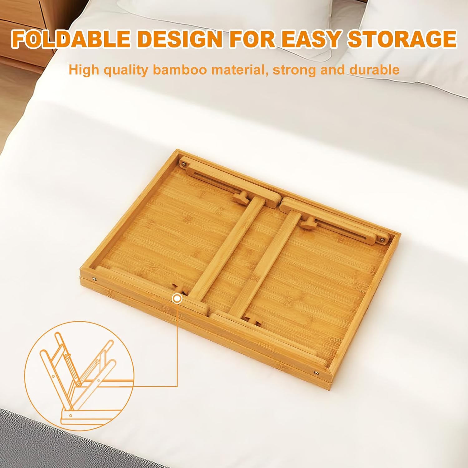 Bed Tray Table Set of 2, Bamboo Breakfast Trays with Folding Legs and Handles, Snack and Eating Lap Table, Natural Wood Color Serving Tray for Kitchen, Sofa or Bed Use