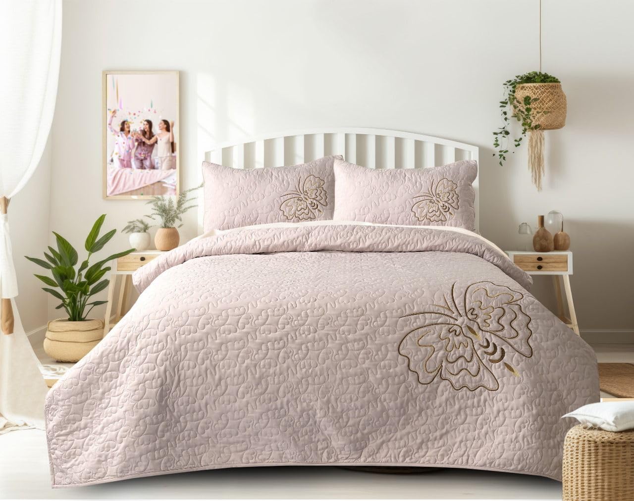ADCO Bellerose Butterfly Bedcover, 90x100 Inches, Polyester, Multi-Needle Design, Bag Packed (Calm Beige)-image-26