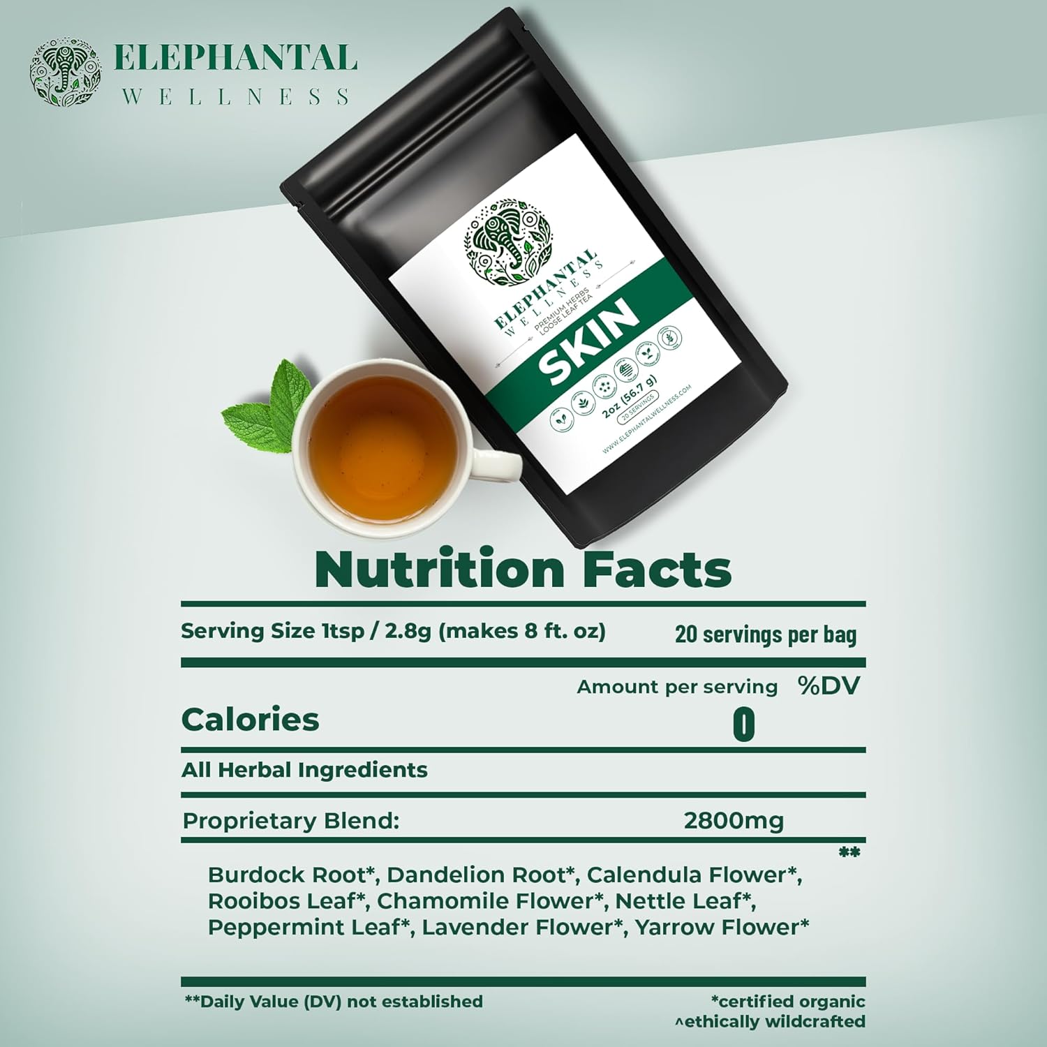 Elephantal Wellness Premium Skin Herbal Tea | Radiance & Clarity Support with Burdock, Dandelion, Calendula & Lavender | Non-GMO, Caffeine-Free, Handmade Loose Leaf Blend, 2oz Loose Leaf, 20 Servings - Image 2