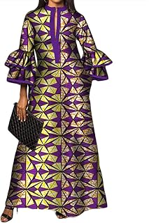 African Maxi Dress for Womens Ankara Wedding Party Dresses Double Layered Bell Sleeve