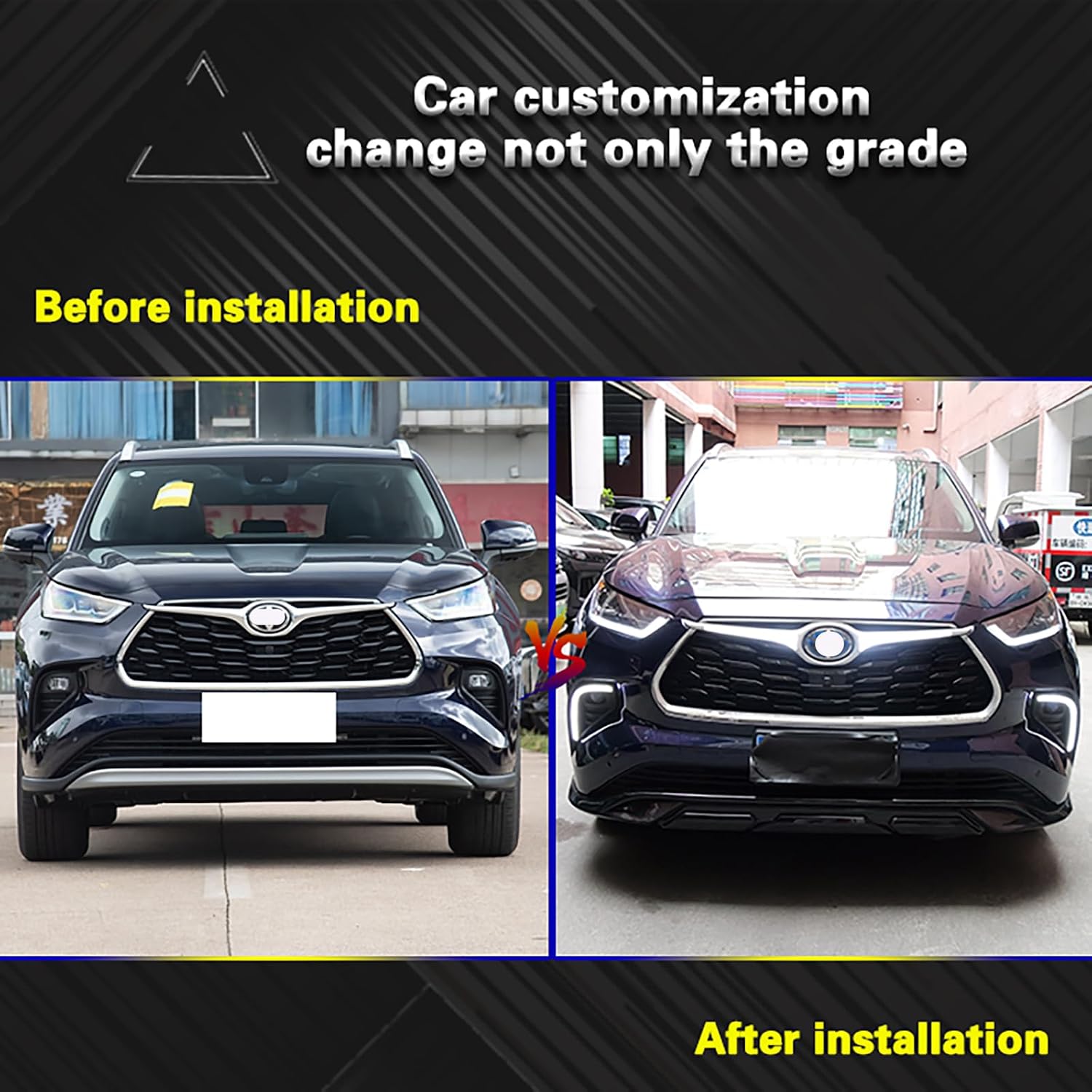 Before and after installation of the LED grille light on a Toyota Highlander.