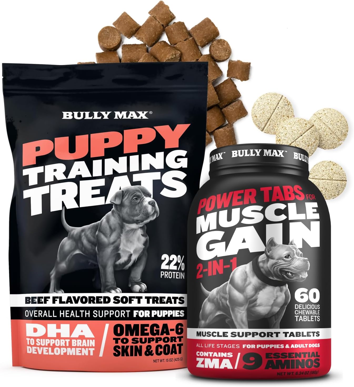 Bully Max Puppy Training & Muscle Support Duo – Power Tabs (60 ct) + Beef Soft Treats (1 Bag) – Supports Healthy Growth, Muscle Upkeep, Digestion, Joints, Skin & Coat, Reward Treats for All Breeds