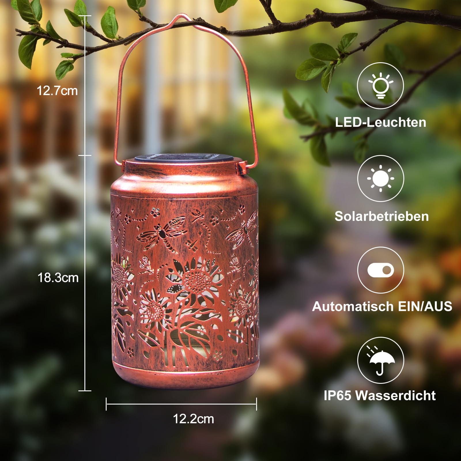 Sonnenblumen Solarlampen für Außen, wasserfeste Metall-Hängelichter für Garten, Terrasse - Perfekte Geburtstags- und Gartengeschenke für Frauen, Mütter & Großmütter