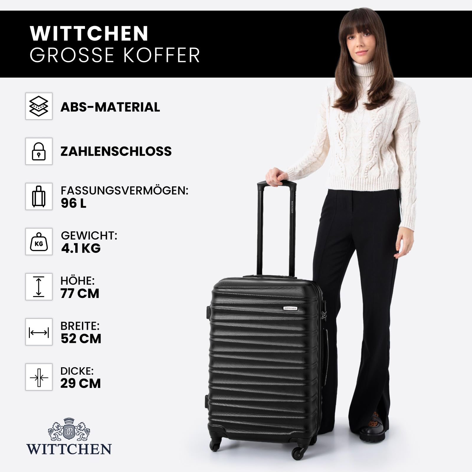WITTCHEN Reisekoffer Hartschale ABS Große L Check-In Gepäck 4 Spinner-Rollen Zahlenschloss Groove Line Schwarz
