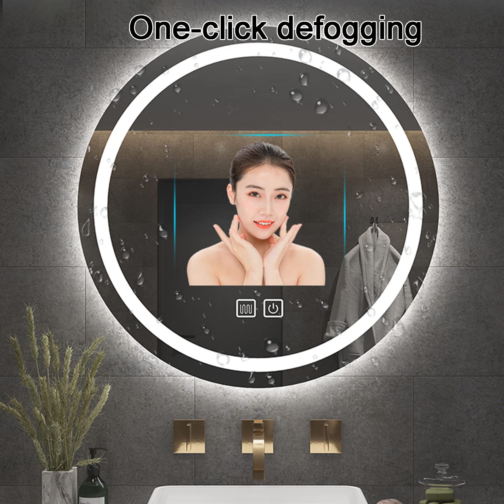 Miroir De Salle De Bain LED Rond, Intensité Variable, Température De Couleur Réglable, Miroir De Courtoisie Mural Anti-buée, Miroir Intelligent Étanche Et Incassable Pour Salle De Bain(Color:Warm ligh