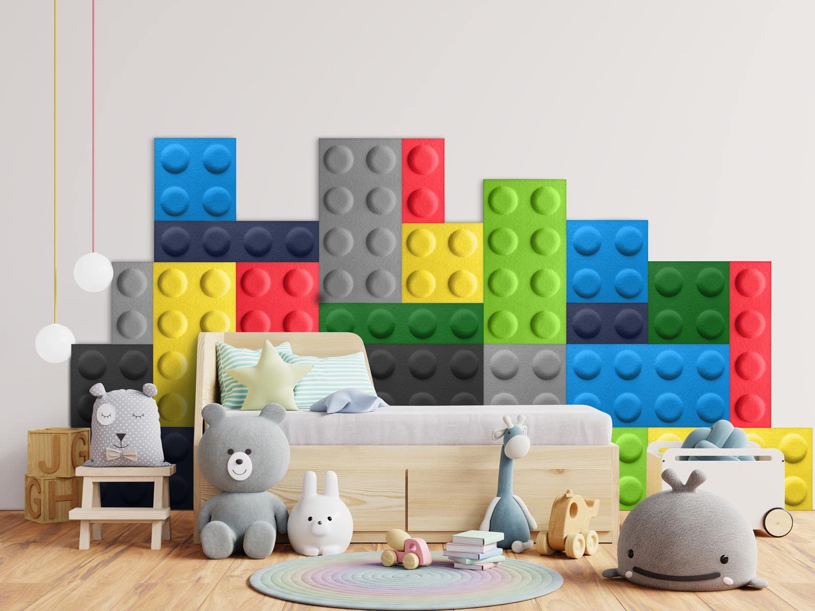 3D Panele ścienne do pokoju dziecięcego I Akustyczne poduszki ścienne z filcu w formie klocków I Dekoracja i osłona ściany I 3D panele do dekoracji pokoju dziecięcego