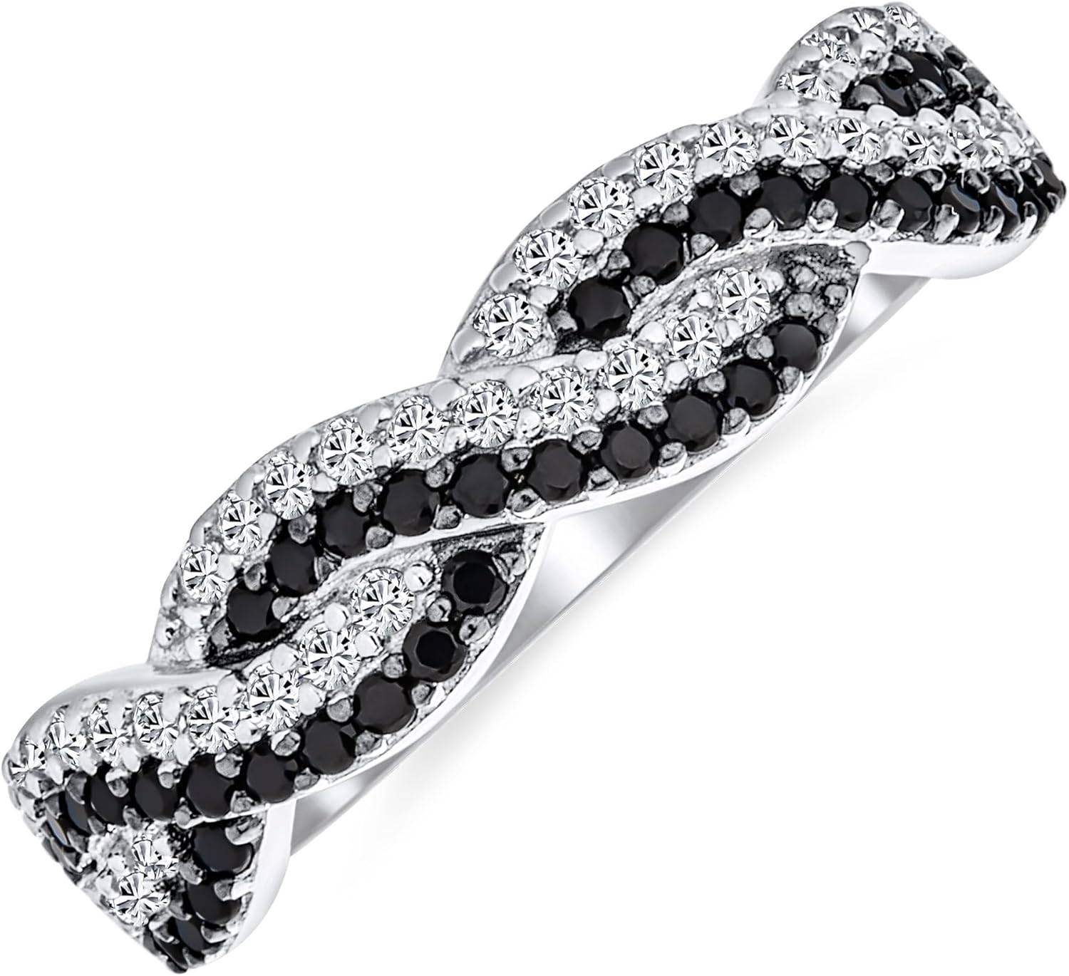 Two Tone Black White CZ Personalize Intertwined Rope Twist Knot 1/2 Eternity Clear Pave Cubic Zirconia Infinity Band Ring For Women Girlfriend .925 Sterling Silver Customizable