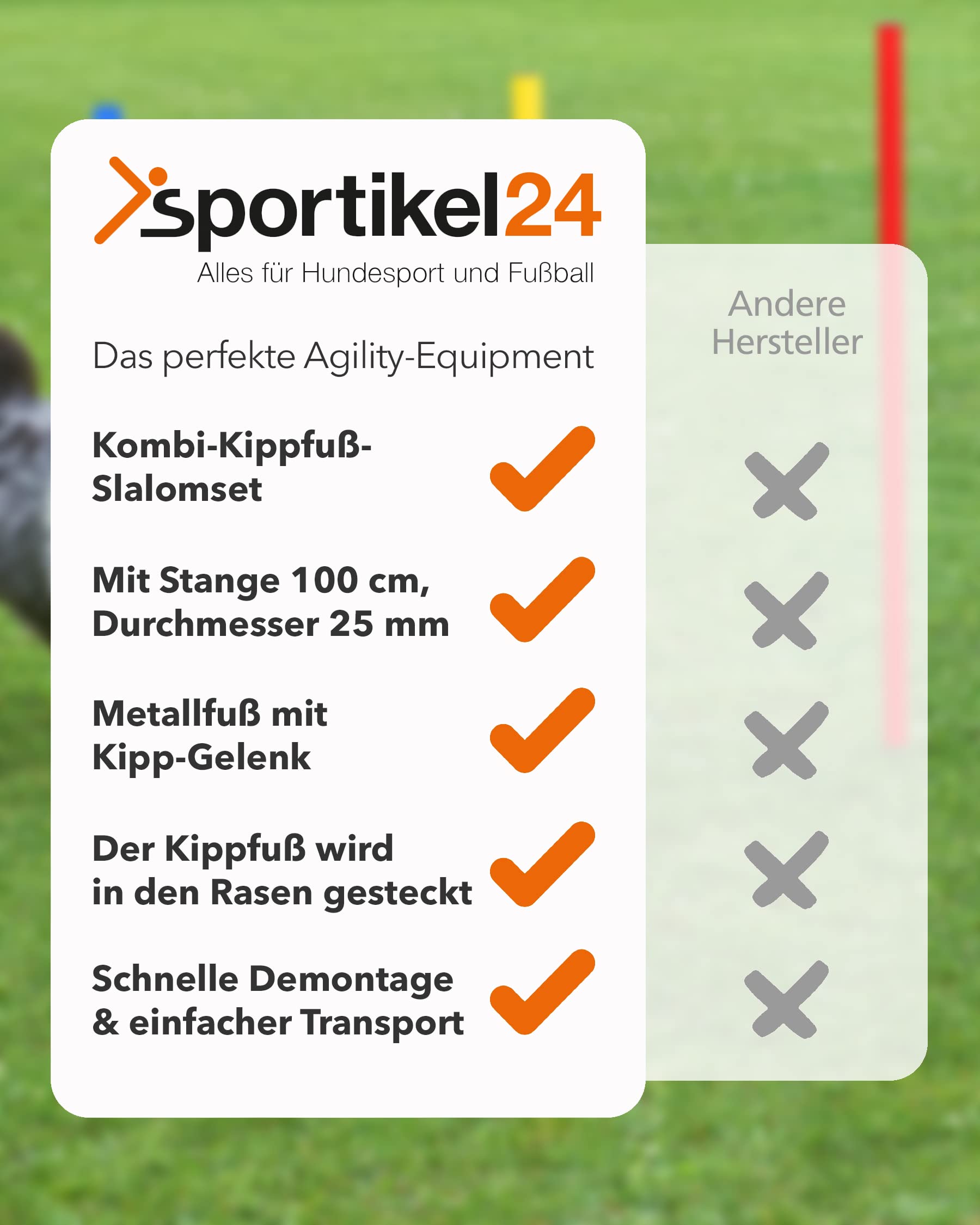 Kombi-Kippfuß aus Metall mit Slalomstange 100 cm – 4er Set – Stange mit Federgelenk – Slalom- & Koordinationstraining – für Fußball, Leichtathletik & Hundesport – Agility-Stangen