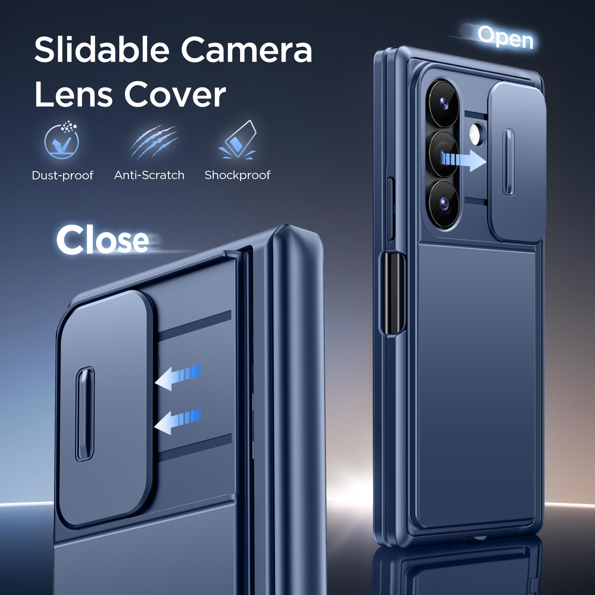 Tongate Custodia a portafoglio per Z Fold con pellicola protettiva, 4 scomparti per schede, anti-spia, supporto integrato e copertura per fotocamera scorrevole, resistente, antiurto, blu