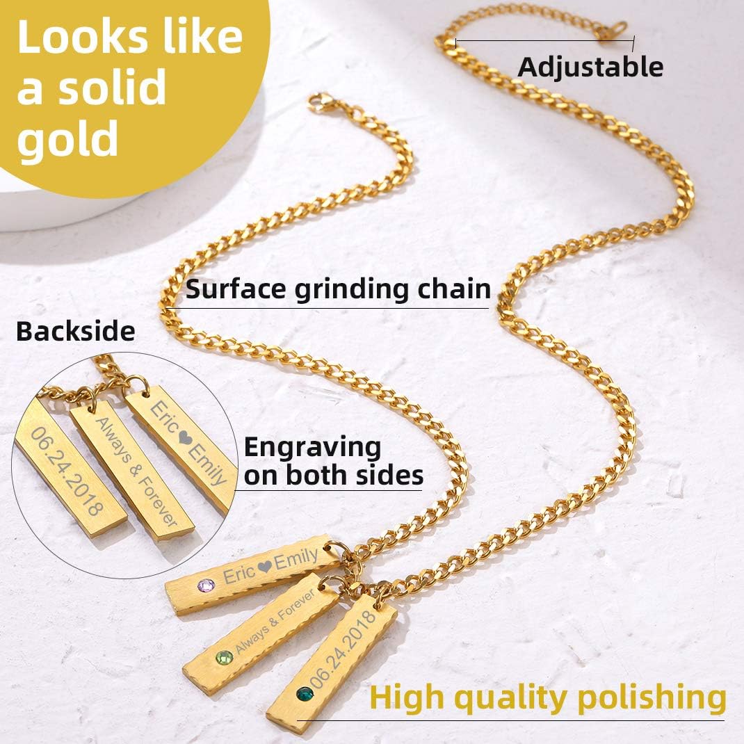 GOLDCHIC JEWELRY Personalized Birthstone Name Necklaces for Men Women, Engraved Family Names Necklace with Birthstone Vertical Bar Necklace, Pendant for Husband/Father/Grandma/Wife Birthday Gifts