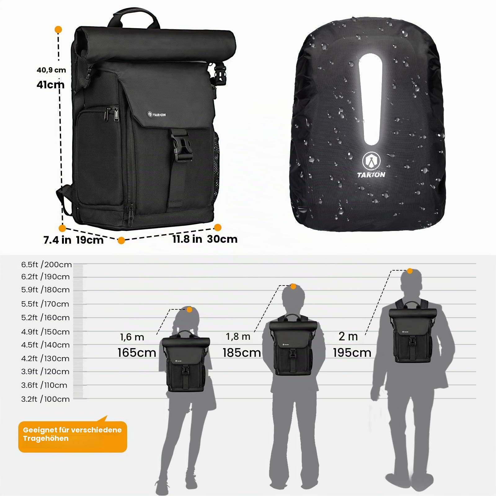 TARION Kamerarucksack Wasserdicht Fotorucksack Kameratasche DSLR Rucksack mit 15,6 Zoll Laptophülle und Regenschutzhülle(SP-01-Schwarz)