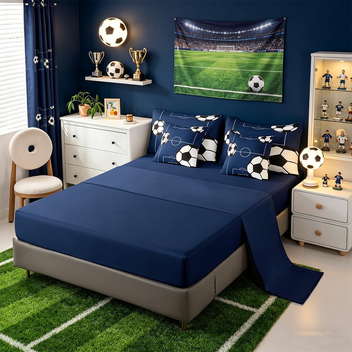 Feelyou Football Bedding Set Queen Size 7 Pieces Kids Soccer Ball Pattern for Boys Girls Teens Sports Theme Football Court Bed in a Bag with Comforter, Sheets, Pillowcases & Cushion Cover