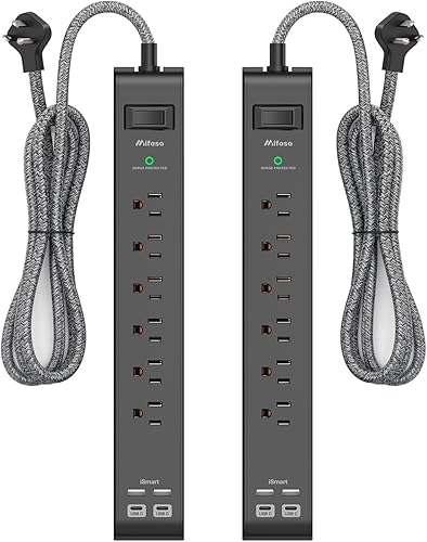 Paquete de 2 regletas protectoras de sobretensiones, 6 tomas, 4 puertos de carga USB, cable de extensión trenzado de 5 pies, enchufe plano,