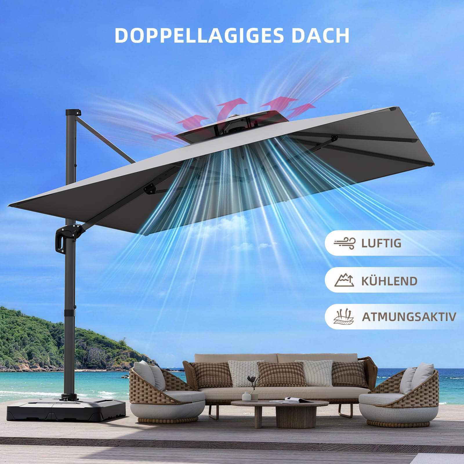 UDPATIO Sonnenschirm 400 x 300 cm Rechteckig mit Ständer, Ampelschirm Groß Aluminium, Marktschirm - Doppeldach, Gartenschirm 360° mit Kurbel, Balkonschirm, Sonnenschutz UV50+, (Grau Wasserdicht)