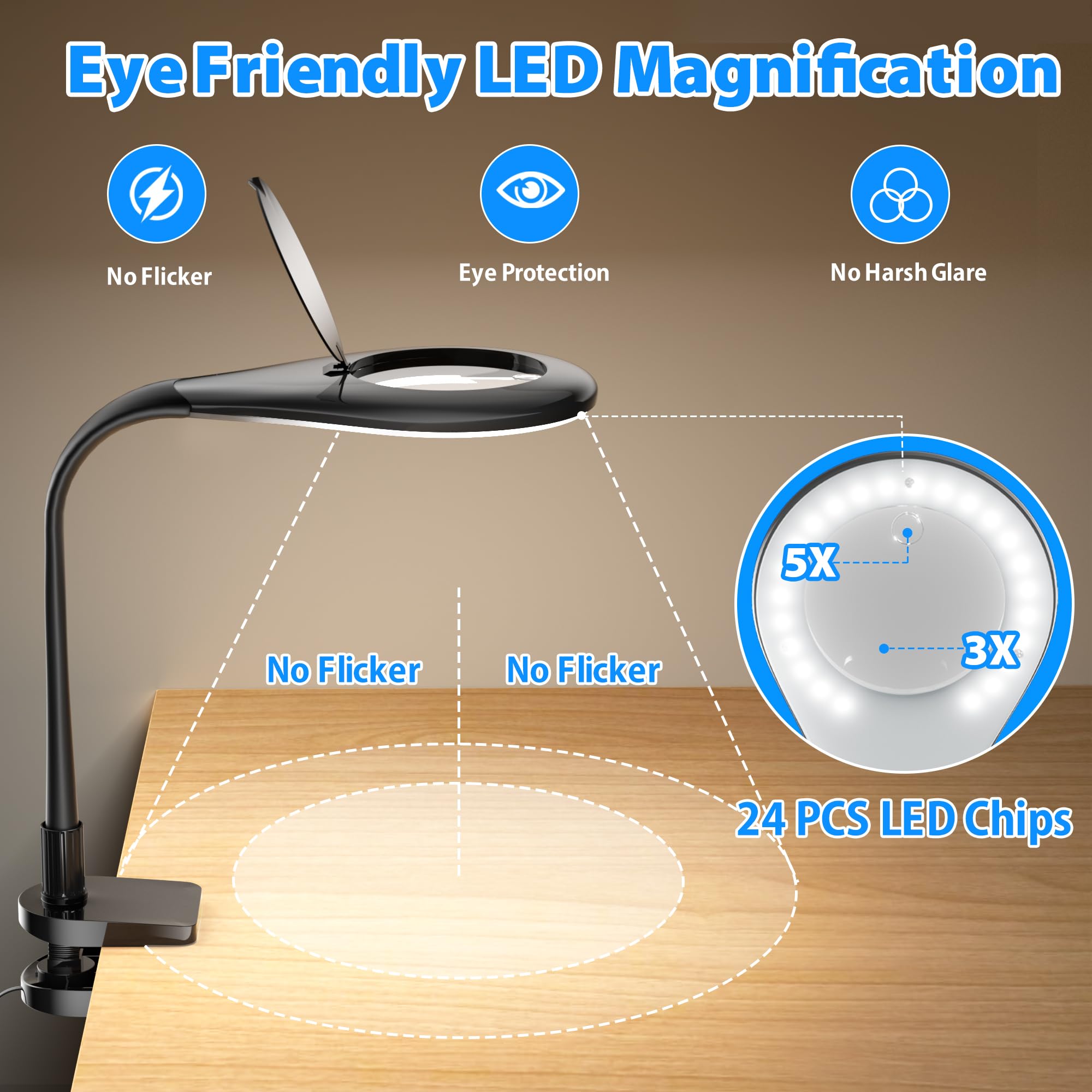 deeloop Lupa con luz y soporte, cuello de cisne flexible 5X y 3X lente de vidrio real LED lámpara de escritorio con abrazadera, lámpara de lupa manos libres para leer, manualidades, pasatiempos,