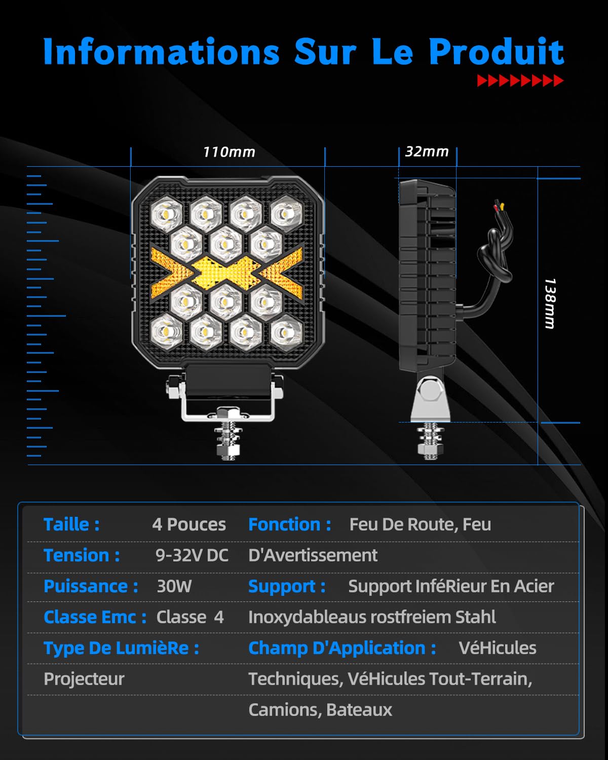 BraveWAY 2PCS 30W 15000LM Phare De Travail Led Carré, 4 Pouces Phare De Travail12v 24v, Projecteur Ambre Blanc Pour Suv, Camion, Moto, Tracteur, Suv, Tracteur