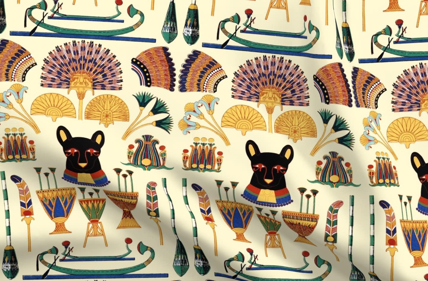 Spoonflower Fabric - Black Cats Ancient Egyptian Palm Trees Boats Plants Flowers Vases Printed on Organic Cotton Sateen Fabric by The Yard - Sewing Quilting Apparel Home Decor