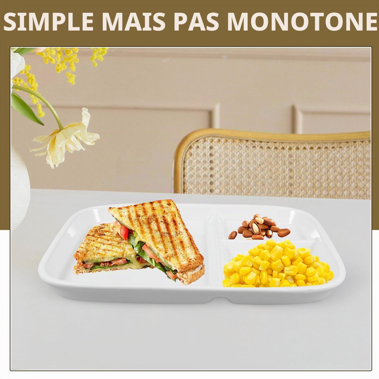 MAGICLULU Assiette Carrée en Porcelaine 10 Pouces À Trois Compartiments pour Petit Déjeuner Et Steak Vaisselle en Céramique Blanche pour Usage Familial Et Restaurant