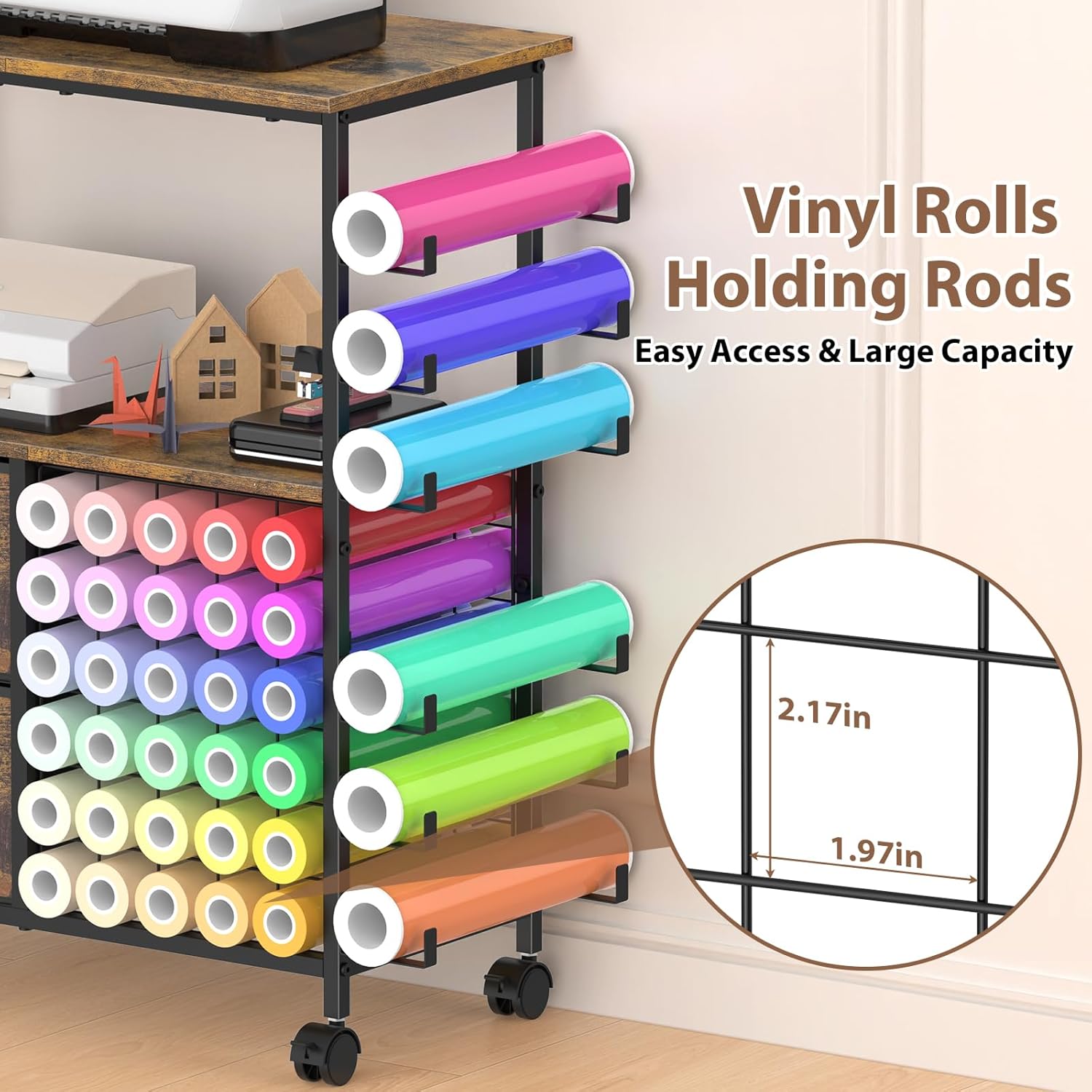 Craft Organization and Storage Stand Compatible with Cricut Machine Rolling Craft Cart with Vinyl Roll Holders, Crafting Table Workstation with Drawers, Rustic Brown
