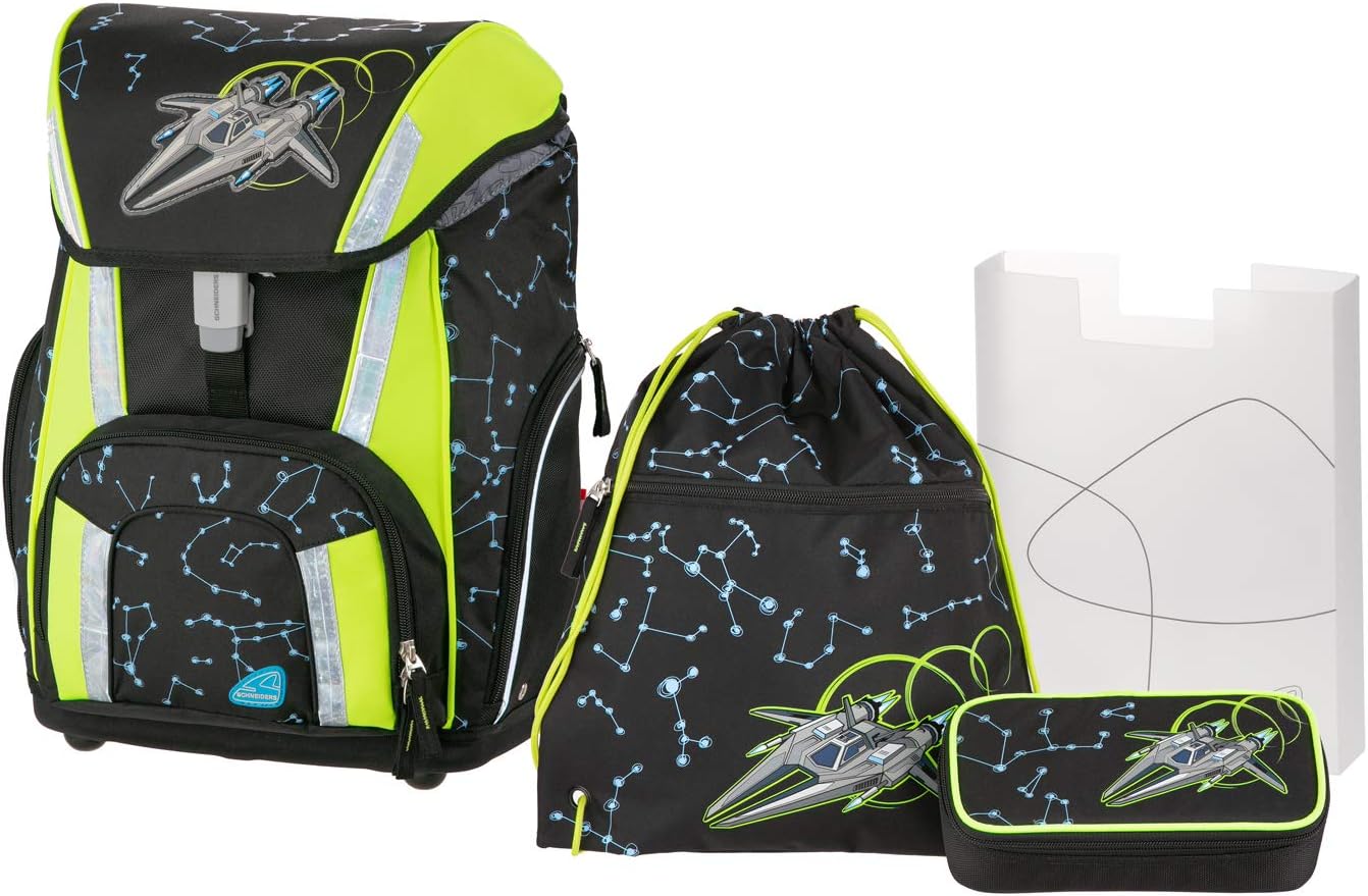 Schneiders Vienna Schulranzenset Smart mit Sportbeutel, Schlamperetui und Heftbox, Space Ship, 4 teilig Schoolbag Set, 41 cm, Black (Schwarz)