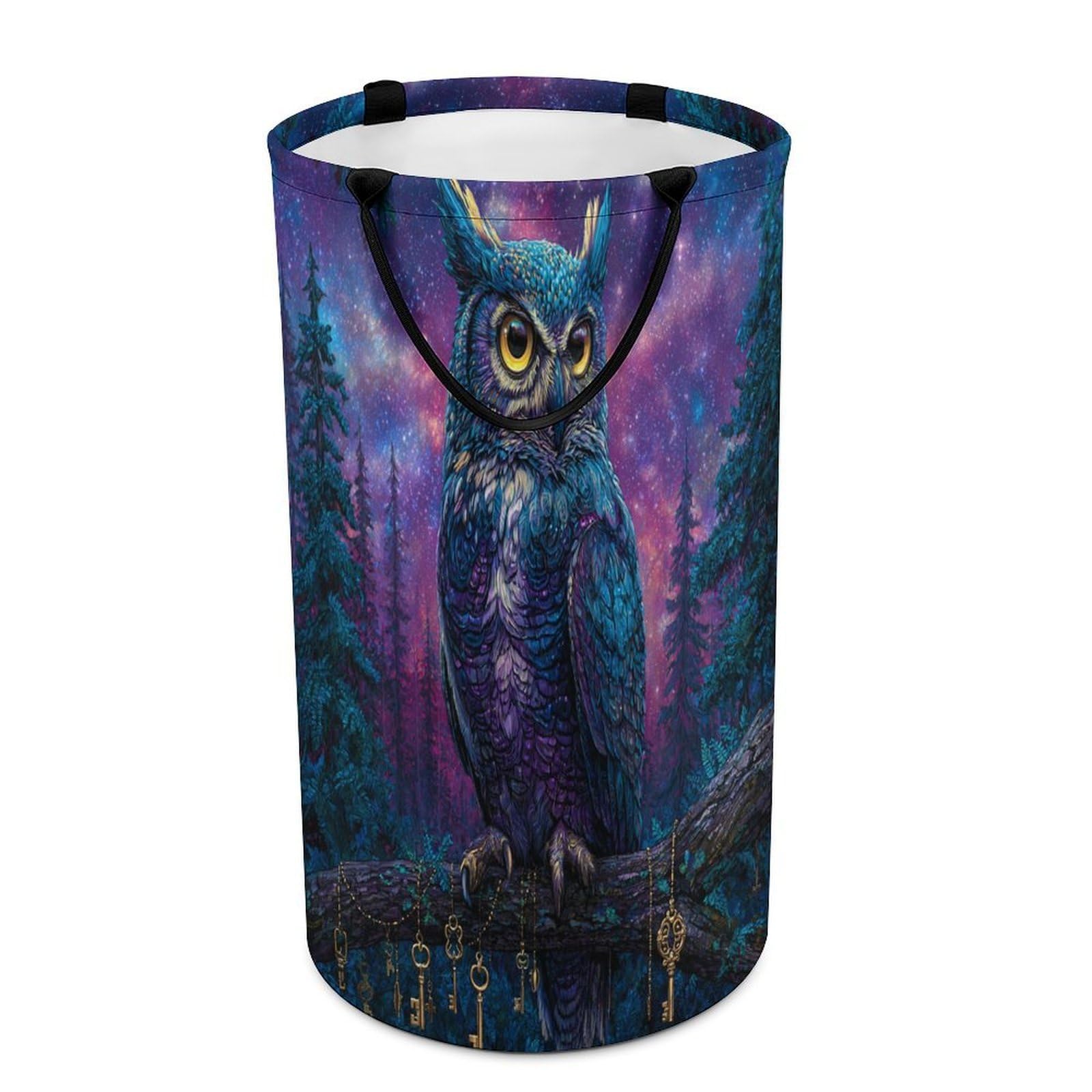 LUYYSKY Beautiful Colorful Cool Owl Versatile Storage Laundry Basket, Watercolor Aesthetic Galaxy Nebula Forest Animals Owl Large Capacity Bathroom Hamper With Handle