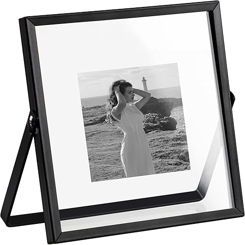 eletecpro Marco de Fotos de Metal 4x4 con Cubierta de Vidrio Real, Exhibición Horizontal de Mesa para Fotos de Múltiples Tamaños hasta 4x4, Marco de