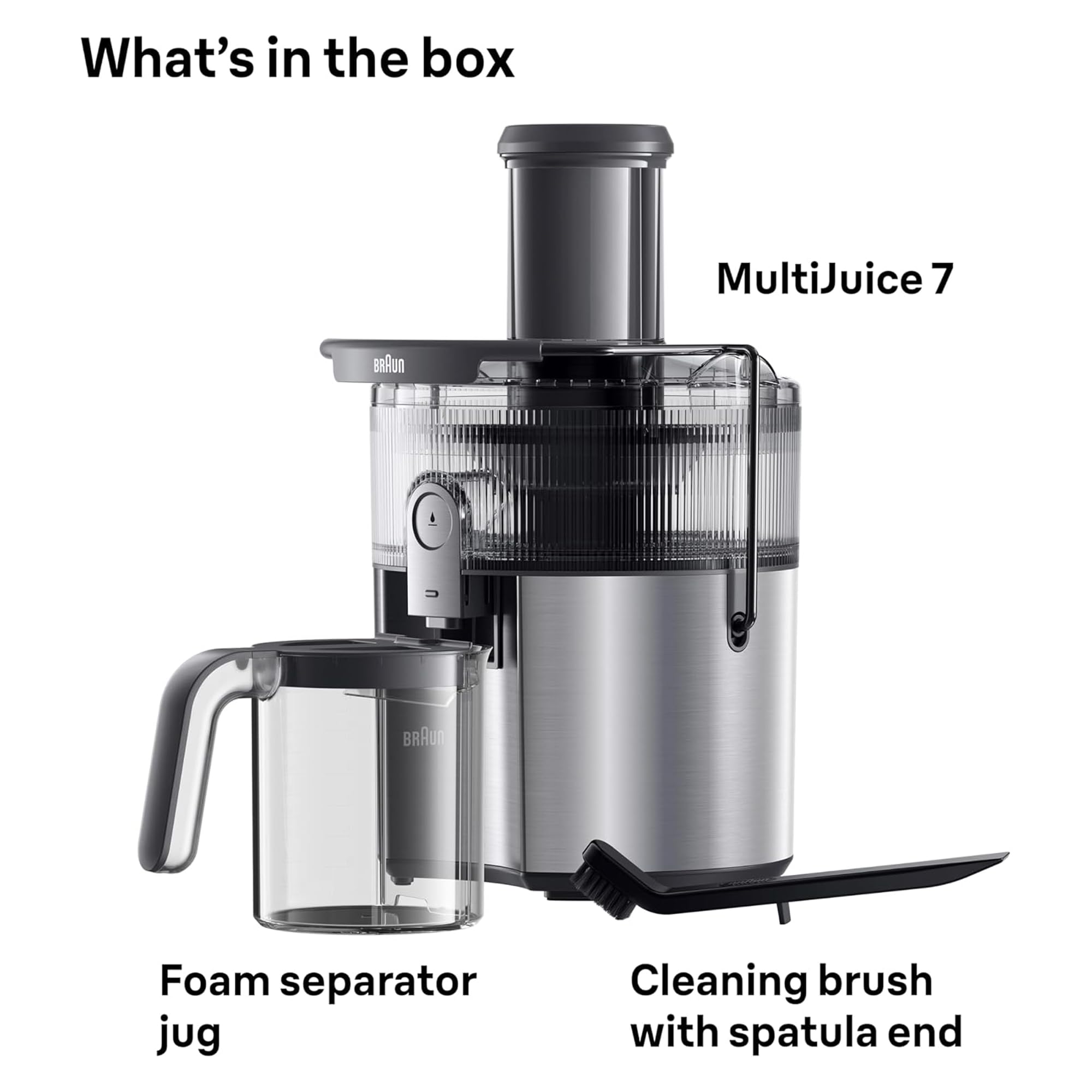 Braun MultiJuice 7 exprimidor frío con tecnología ColdXtract, jugo fresco en 15 segundos, manguera de alimentación de 75 mm, contenedor de pulpa de 2 l, sistema de goteo One Touch