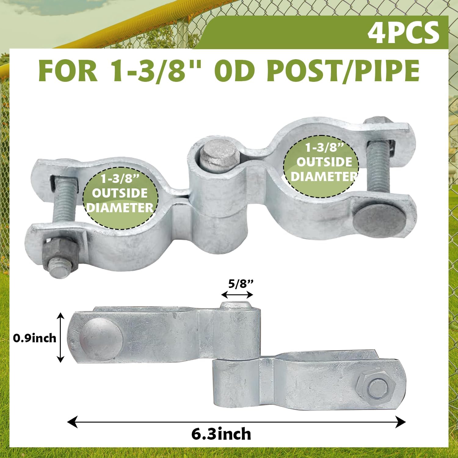 1-3/8" x 1-3/8" Chain Link Fence Gate Post Hinge Kit, Set of 4, Galvanized Steel Chain Link Fence Gate Hinge with 2 PCS Female Hinges and 2 PCS Male Post Hinges, Bolts & Nuts Included