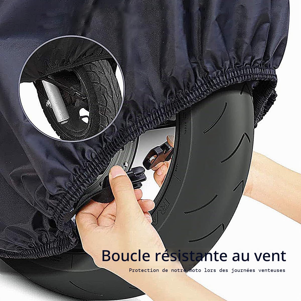 Housse de moto 300D robuste, étanche, toutes saisons, housse universelle pour cyclomoteur, extérieur avec trous de verrouillage et sac de rangement (noir, taille XXL)