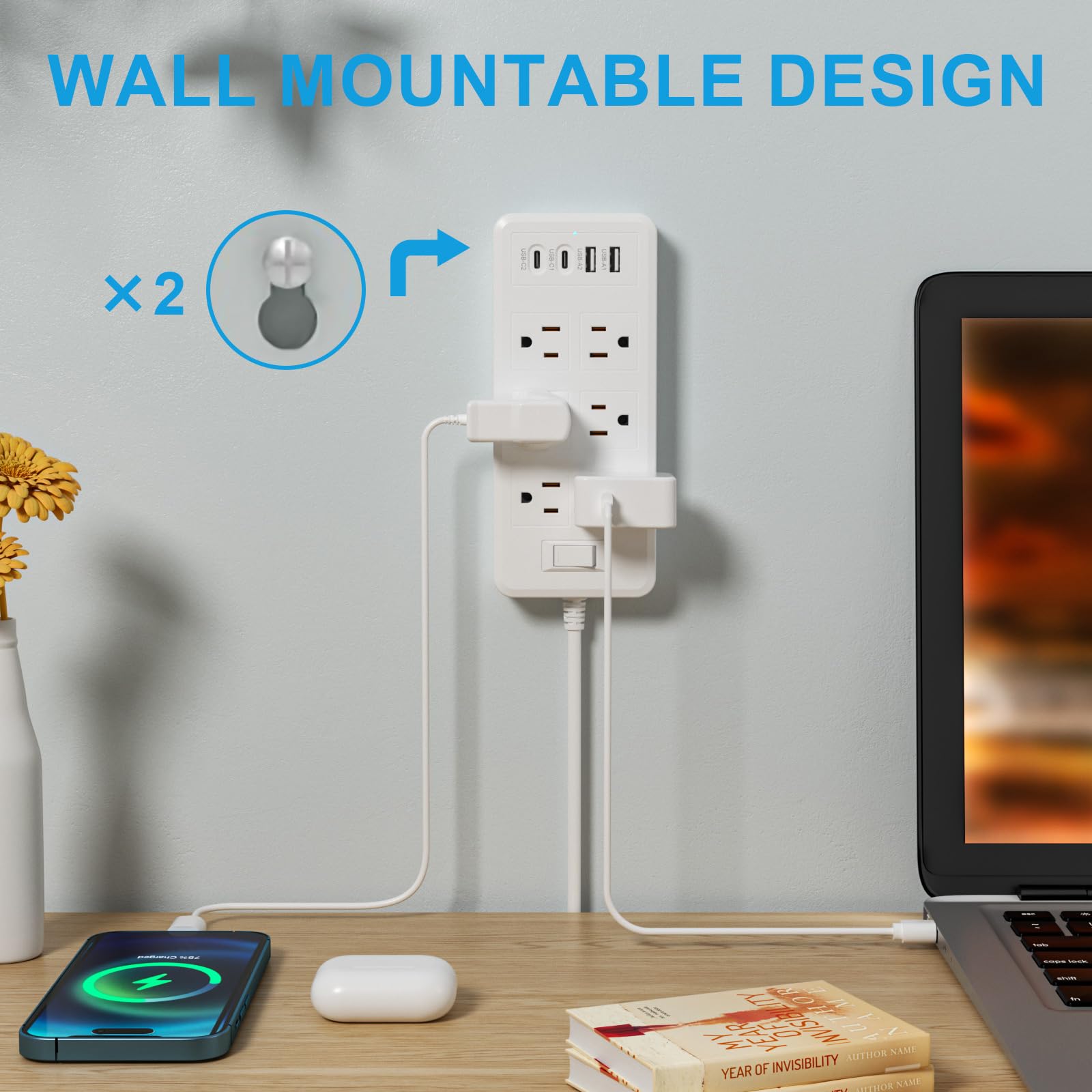 Verlängerungskabel, 1,8 m, Überspannungsschutz mit 6 AC-Ausgängen, 4 USB-Ports (2 USB-C-Ports), max. 17 Watt für Telefon, flacher Netzteil, Kiudth für Reisen, Büro
