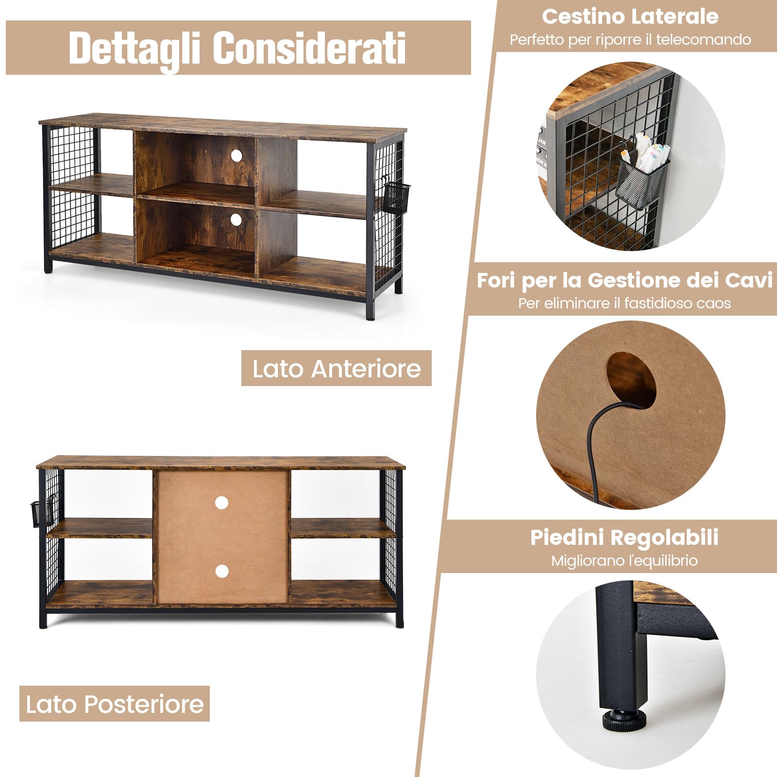 COSTWAY Mobile TV Industriale Fino a 65", Tavolo Multimediale a 3 Ripiani con Cesto Portaoggetti, Mobile TV in Legno con 2 Fori per La Gestione dei Cavi, 140 x 40 x 63 cm