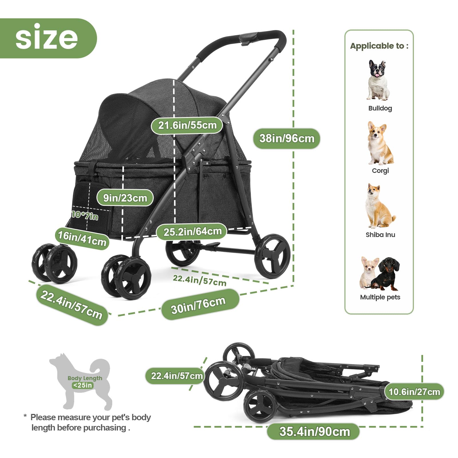 Passeggino da viaggio per cani con 4 ruote resistenti, passeggino pieghevole per animali domestici con maniglia regolabile, doppia capacità per cani di taglia piccola e media (nero)