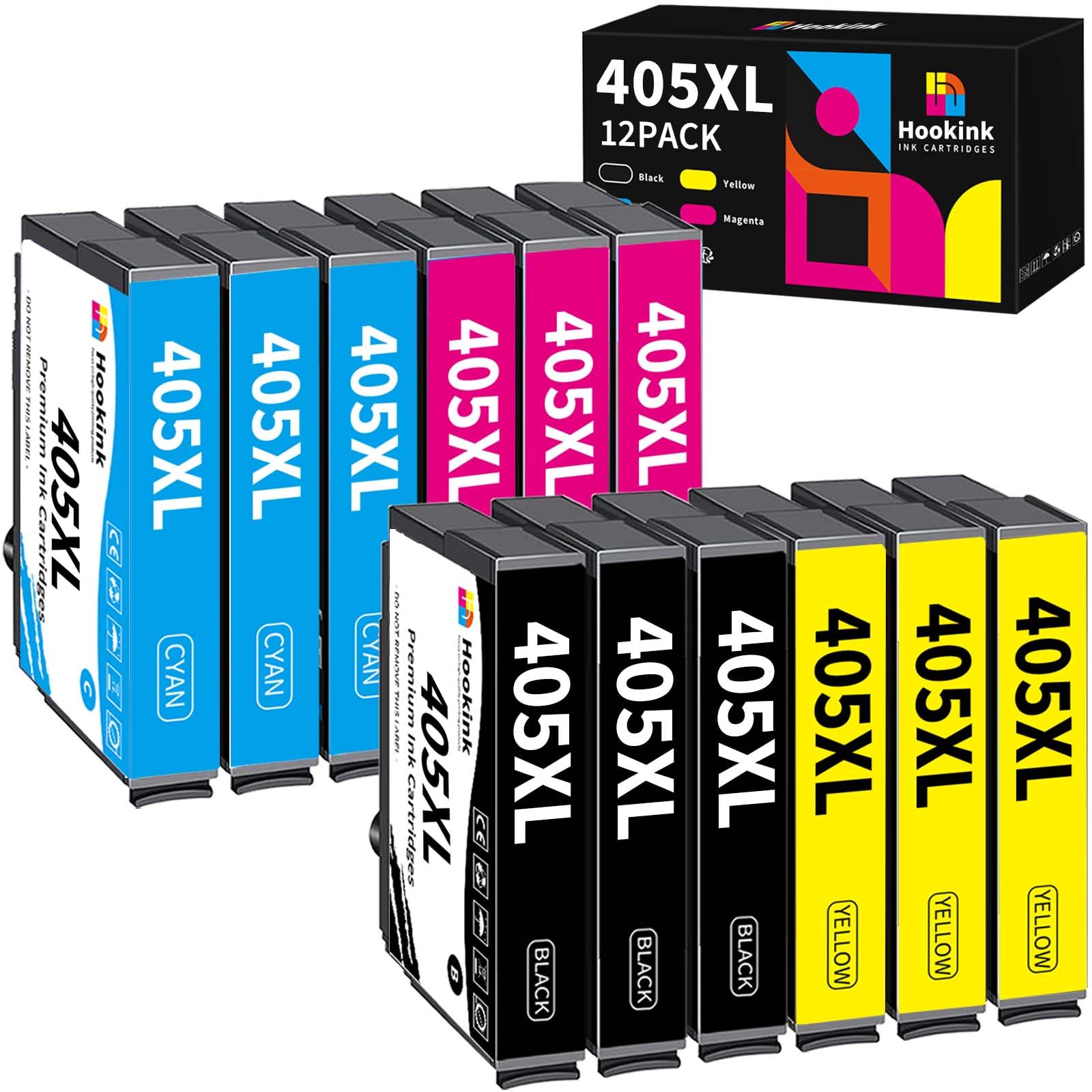 Hookink 405XL Cartucce Compatibile per Cartucce Epson 405 XL Multipack per Workforce Pro WF-3820 WF-3825 WF-4820 WF-4825 WF-4830 WF-7830 WF-7835 WF-7840 12-Pack (3 Nero 3 Ciano 3 Magenta 3 Giallo)