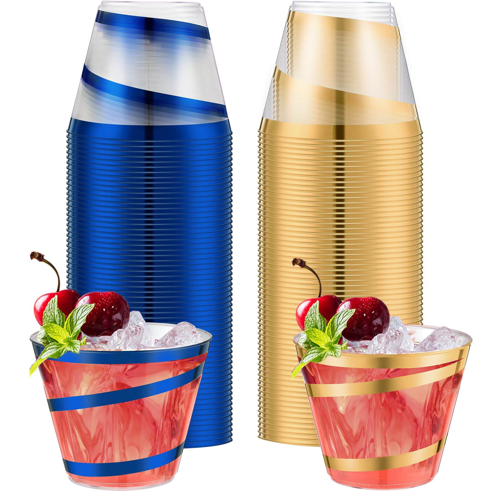 Gejoy 9 oz Rimmed Swirl Plastic Cups Disposable Wine Drinking Cups Clear Elegant Graduation Tumblers for Mother's Day Wedding Party Supplies(100 Pcs,