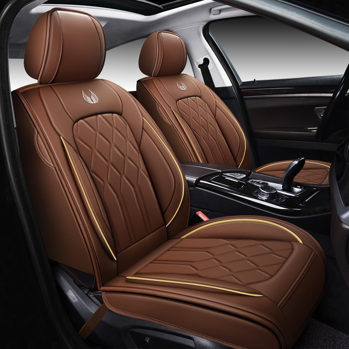 OASIS AUTO Car Seat Covers Premium Waterproof Faux Leather Cushion Universal Accessories Fit SUV Truck Sedan Automotive Vehicle Auto Interior Protector Full Set (Coffee) Full Set Coffee image 8 of 8 B0DG81QYMN