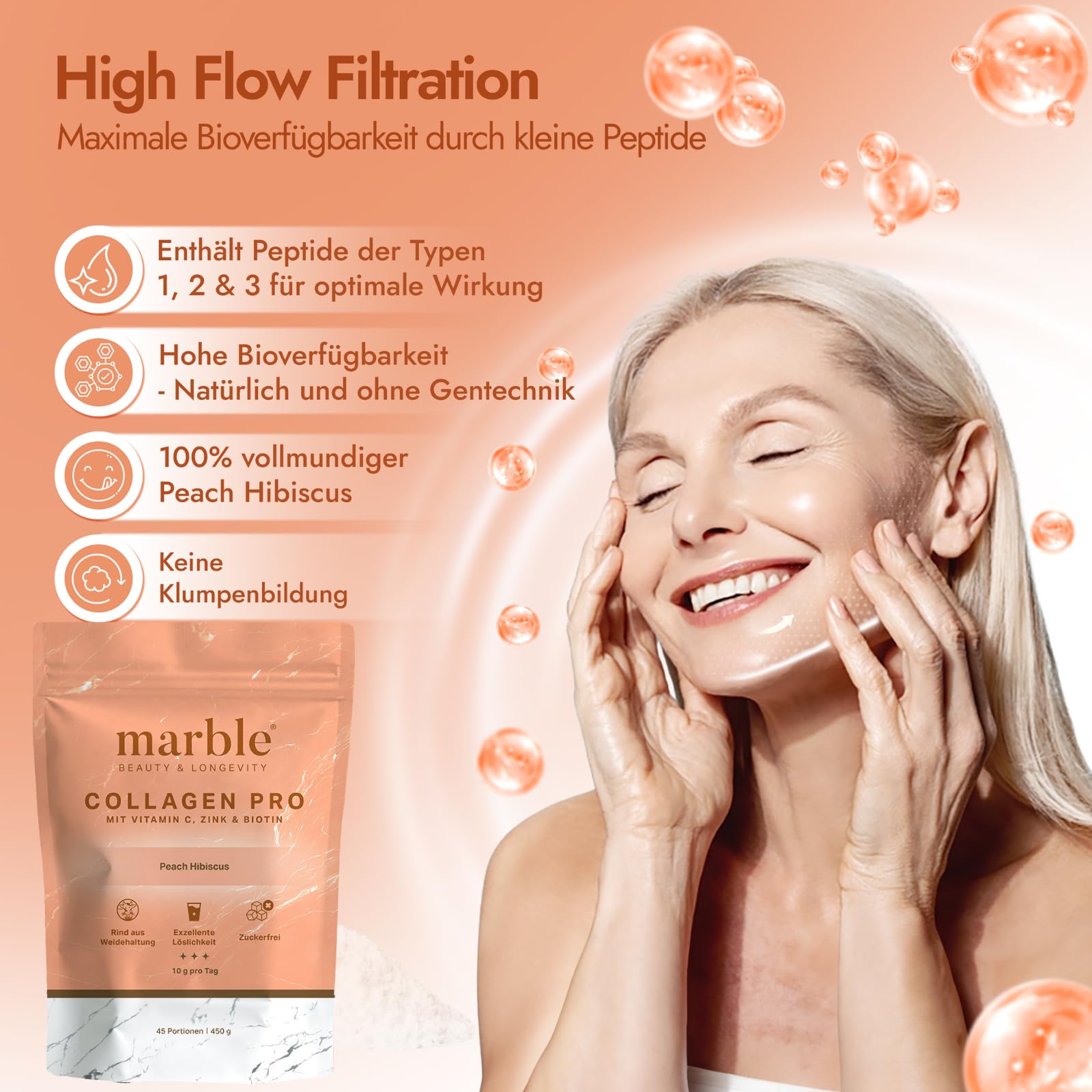 marble Poudre de collagène PRO 450 g – Poudre de collagène plus vitamine C, zinc & biotine – Peptides Skin Glow – Test sans risque pendant 60 jours – En bœuf de saule avec une solubilité parfaite