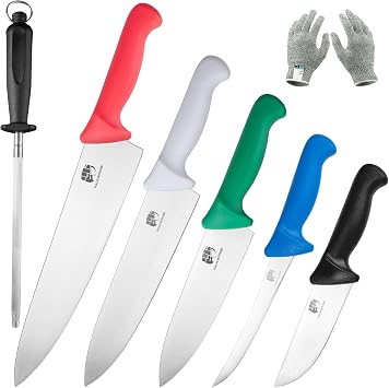 FULLHI Professional Chef Knife Set Color-Coded Food Prep Kitchen Knives Dishwasher Safe Premium Stainless Steel Blades Multi-purpose for Raw Meat, Vegetables, Fish, Cooked Food