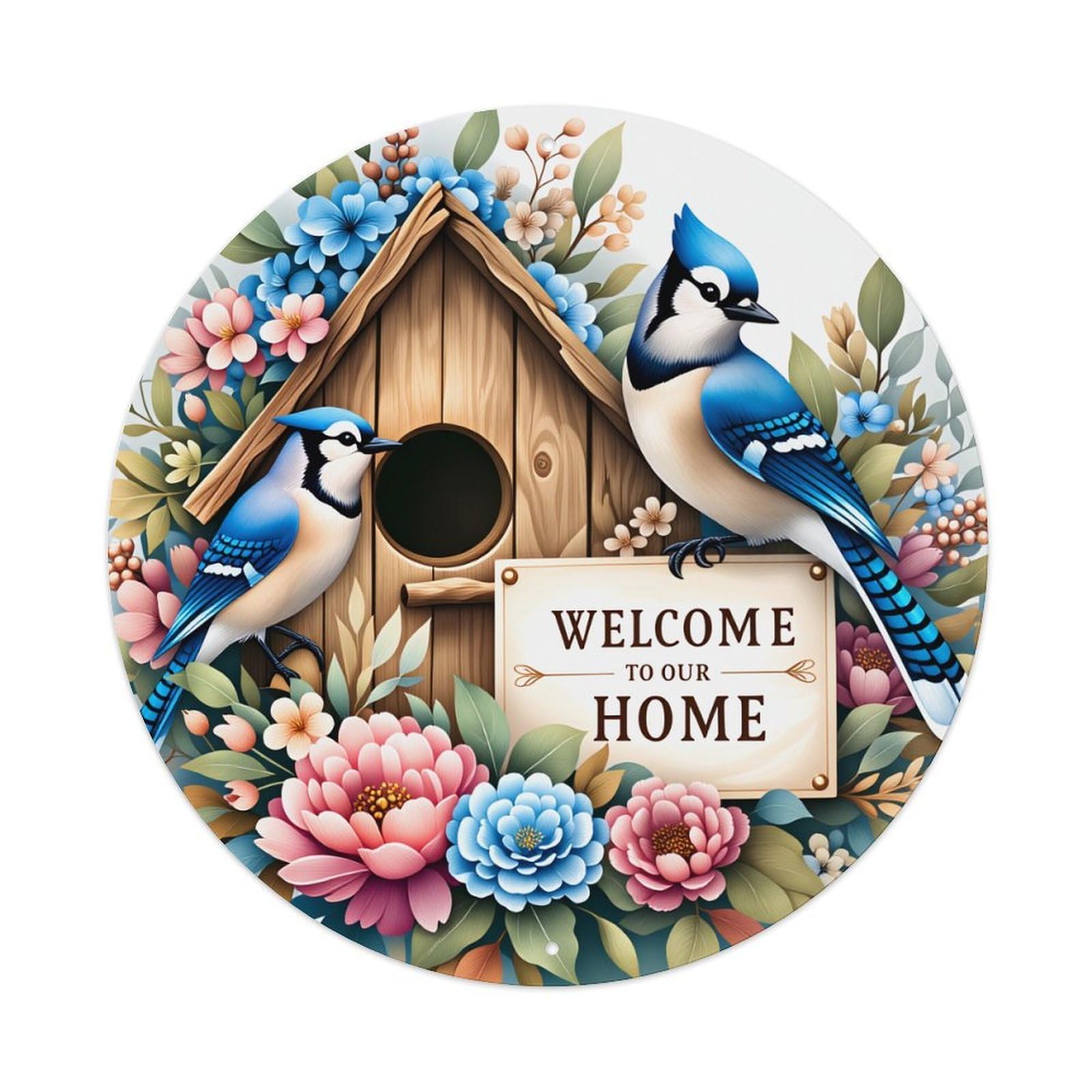 Birdhouse With Bluebirds And Flowers Welcome Sign Round Vintage Tin Sign,Retro Wall Art,Metal Poster for Home, Bar, Garage, Cafe, Rustic Indoor & Outdoor Decor, 8x8 Inches