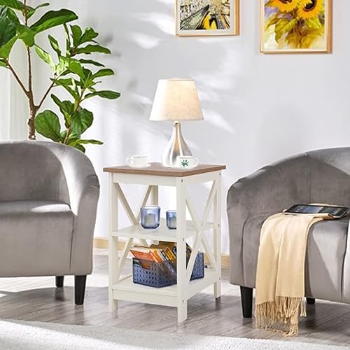 Miniatura 2 de PHI VILLA Juego de 2 mesas auxiliares para sala de estar dormitorio mesita de noche de 3 niveles mesita de noche mesas auxiliares color blanco