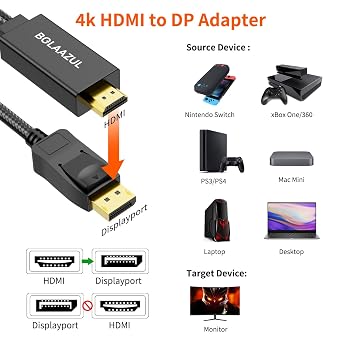 BolAAzuL Active 4K HDMI to DisplayPort Cable Unidirectional Male to Male