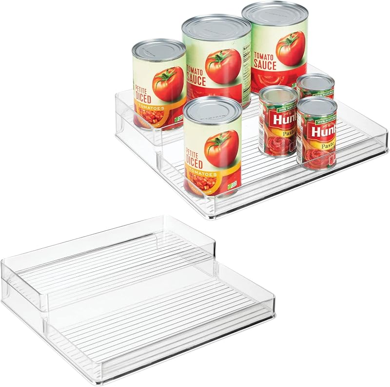 Estantes organizadores de plástico para almacenamiento de alimentos de cocina, soporte para especias para gabinete, alacena, encimera, despensa, para tarros, suministros para hornear, alimentos enlatados, 2 niveles, paquete de 2, transparente