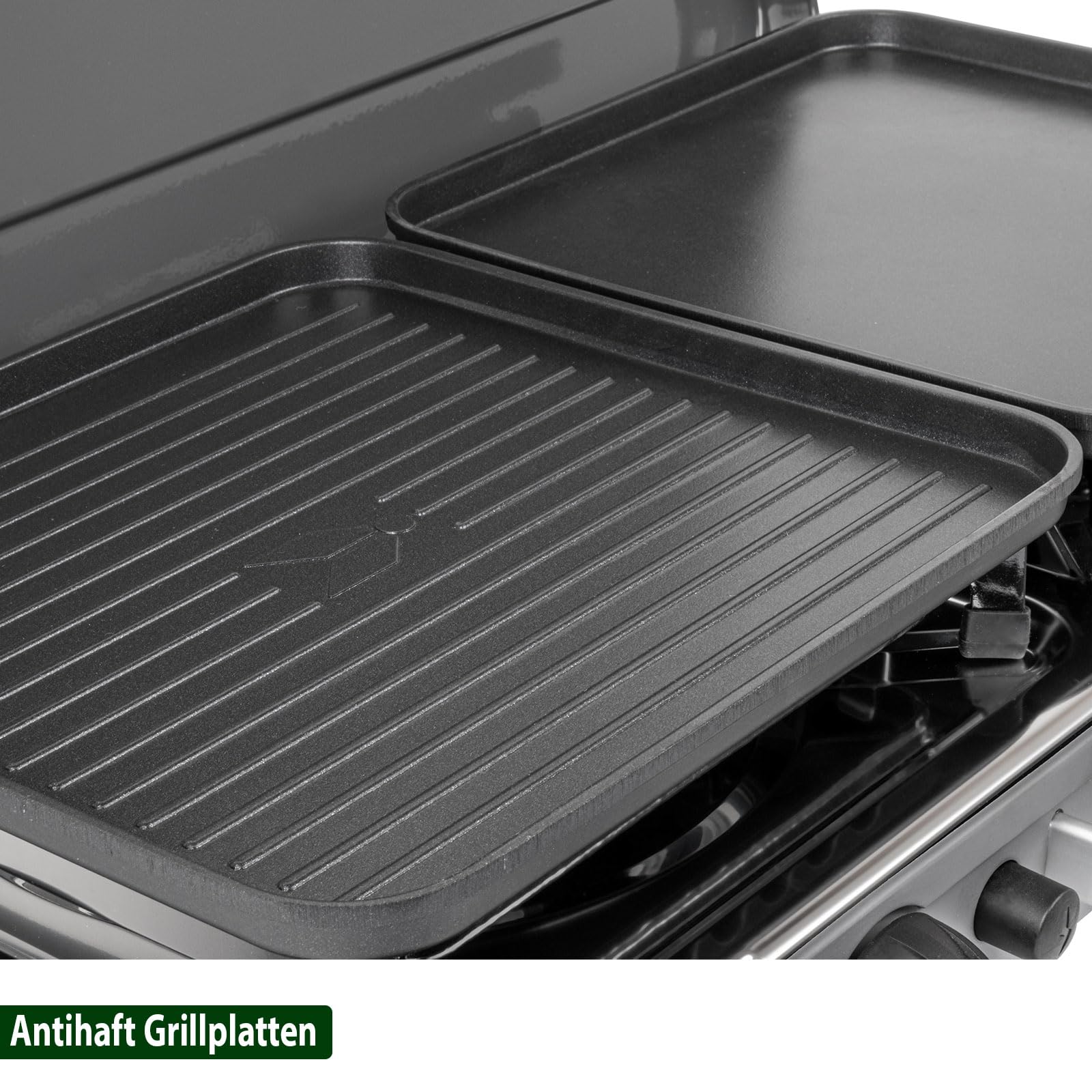 BRUNNER: 2-in-1 Tisch Camping-Kocher 2-flammig Edelstahl Gasgrill & Gaskocher - POWERKOOK 50mbar mit Grillplatten - mit Gasregler + Gaschlauch