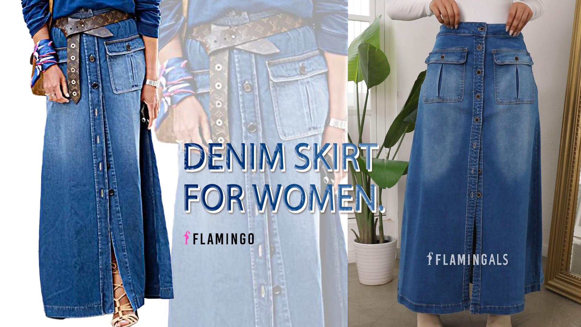 OGLCCG Women's Long Stretch A-Line Denim Midi Skirt With High