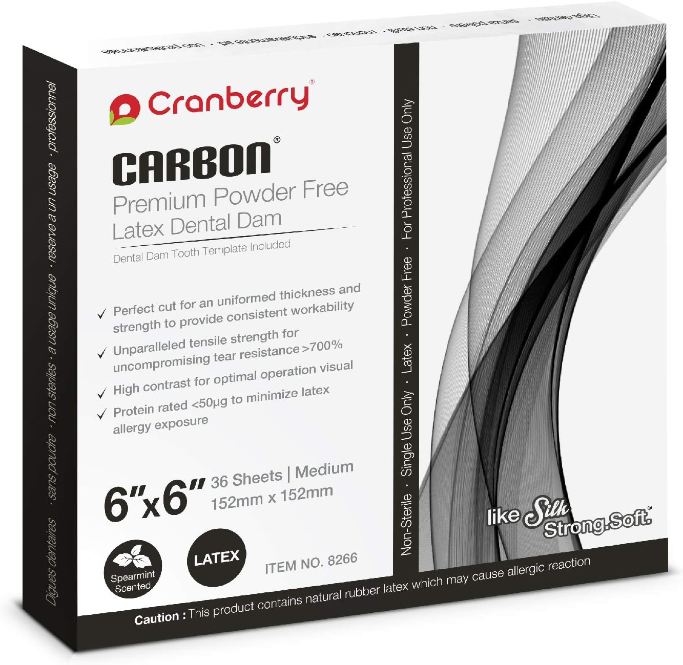 Cranberry USA CR8266 Carbon Dental Dam, Latex Powder-Free, Spearmint Scented, Black, 6" x 6" Size, Pack of 36