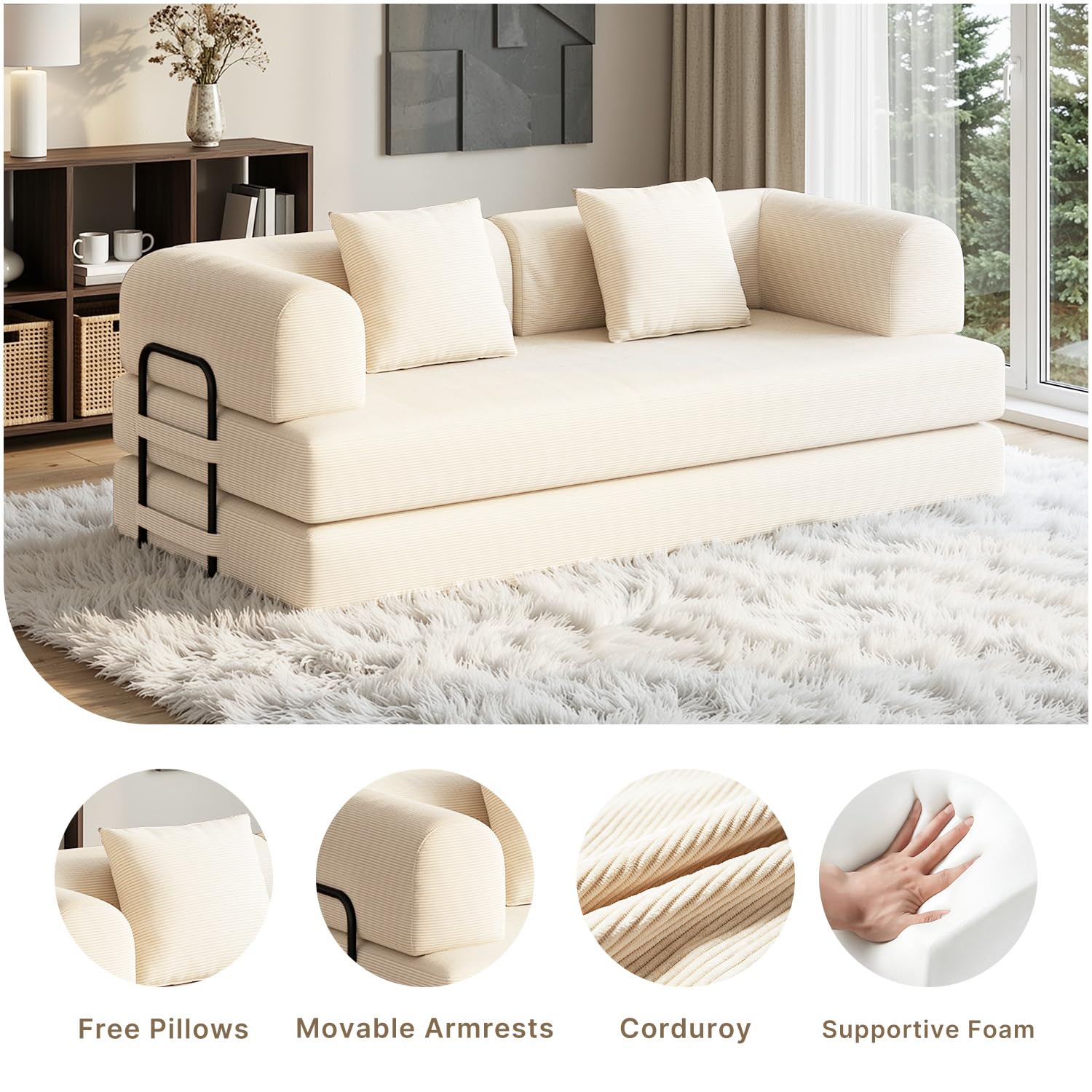 Xbro Sofá Cama 3 Plazas de 200cm,Sofa Modular con 5 configuraciones transformables，Sofa comprimido al vacio(Sin Montaje) de Pana para salón y Dormitorio, Blanco