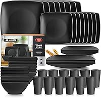 Teivio 48-Piece Unbreakable Wheat Straw Square Dinnerware Set for 12 - Plates, Bowls, Tumblers, Dishwasher Safe, Black